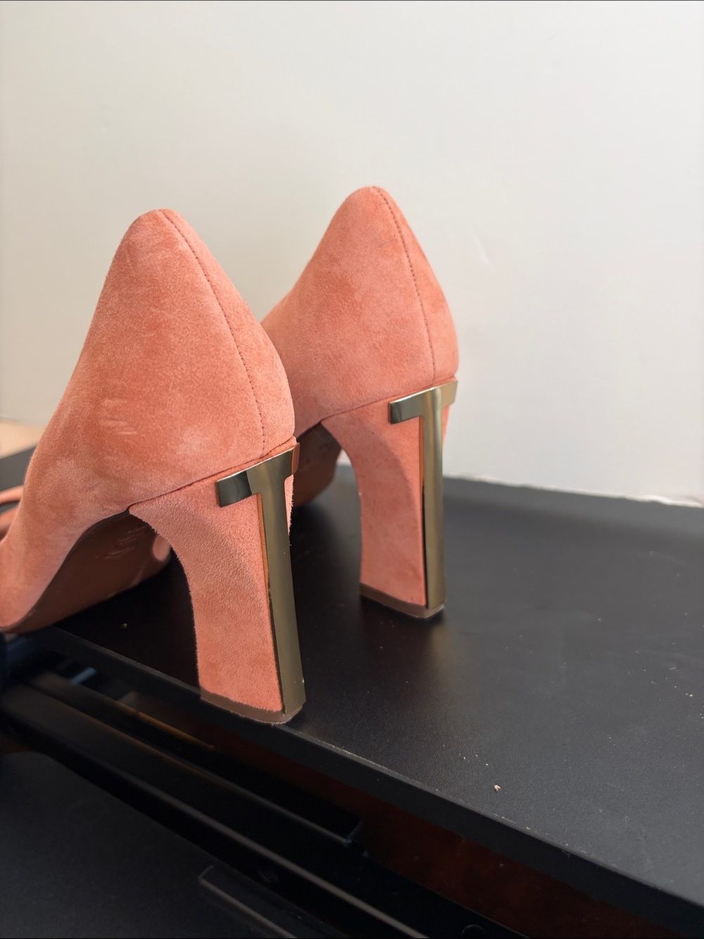 Tory Burch Coral Suede Peep-Toe Block Heels - Picture 2 of 6